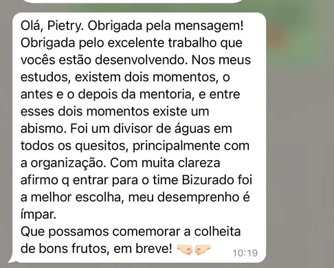 Mensagem de aluno sobre a mentoria, no WhatsApp