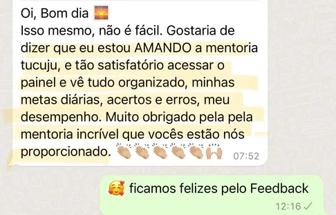 Mensagem de aluno sobre a mentoria, no WhatsApp