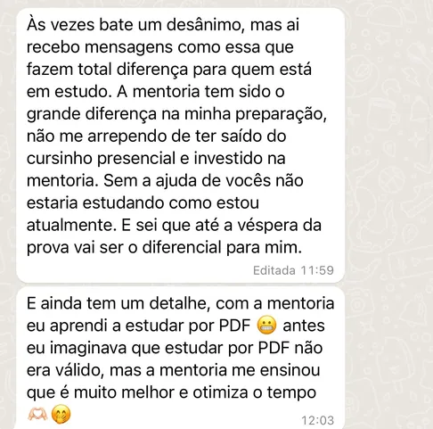Mensagem de aluno sobre a mentoria, no WhatsApp